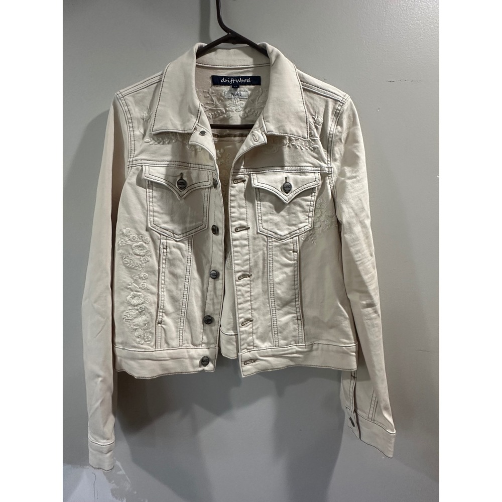 Driftwood Ingrid Cream Floral Embroidered Denim Jacket XL Boho Trucker NWOT